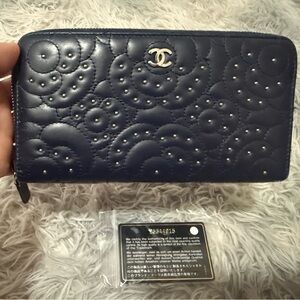 CHANEL Dark Blue Studded Camellia Zip Around Wallet - EUC w/ Card